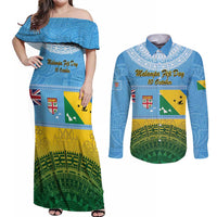Personalised Malampa Fiji Day Couples Matching Off Shoulder Maxi Dress and Long Sleeve Button Shirt 10 October Fijian Tapa Flag Style LT14 Blue - Polynesian Pride