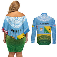 Personalised Malampa Fiji Day Couples Matching Off Shoulder Short Dress and Long Sleeve Button Shirt 10 October Fijian Tapa Flag Style LT14 - Polynesian Pride