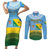 Personalised Malampa Fiji Day Couples Matching Short Sleeve Bodycon Dress and Long Sleeve Button Shirt 10 October Fijian Tapa Flag Style LT14 Blue - Polynesian Pride