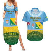 Personalised Malampa Fiji Day Couples Matching Summer Maxi Dress and Hawaiian Shirt 10 October Fijian Tapa Flag Style LT14 Blue - Polynesian Pride
