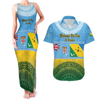 Personalised Malampa Fiji Day Couples Matching Tank Maxi Dress and Hawaiian Shirt 10 October Fijian Tapa Flag Style LT14 Blue - Polynesian Pride