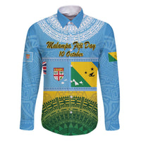 Personalised Malampa Fiji Day Family Matching Puletasi and Hawaiian Shirt 10 October Fijian Tapa Flag Style LT14 Dad's Shirt - Long Sleeve Blue - Polynesian Pride
