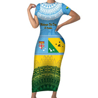 Personalised Malampa Fiji Day Family Matching Short Sleeve Bodycon Dress and Hawaiian Shirt 10 October Fijian Tapa Flag Style LT14 Mom's Dress Blue - Polynesian Pride