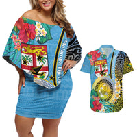 Vanuatu Malampa Fiji Day Couples Matching Off Shoulder Short Dress and Hawaiian Shirt Happy 10 October With Maps Tropical Flowers LT14 Blue - Polynesian Pride
