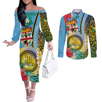 Vanuatu Malampa Fiji Day Couples Matching Off The Shoulder Long Sleeve Dress and Long Sleeve Button Shirt Happy 10 October With Maps Tropical Flowers LT14 Blue - Polynesian Pride