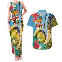 Vanuatu Malampa Fiji Day Couples Matching Tank Maxi Dress and Hawaiian Shirt Happy 10 October With Maps Tropical Flowers LT14 Blue - Polynesian Pride