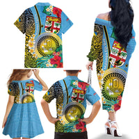 Vanuatu Malampa Fiji Day Family Matching Off The Shoulder Long Sleeve Dress and Hawaiian Shirt Happy 10 October With Maps Tropical Flowers