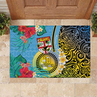 Vanuatu Malampa Fiji Day Rubber Doormat Happy 10 October With Maps Tropical Flowers LT14 Blue - Polynesian Pride