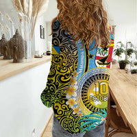 Vanuatu Malampa Fiji Day Women Casual Shirt Happy 10 October With Maps Tropical Flowers LT14 - Polynesian Pride