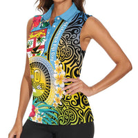 Vanuatu Malampa Fiji Day Women Sleeveless Polo Shirt Happy 10 October With Maps Tropical Flowers LT14 - Polynesian Pride