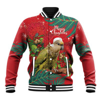 Personalised New Zealand Kakapo Christmas Baseball Jacket Meri Kirihimete Silver Fern Mix Pohutukawa LT14 Unisex Red - Polynesian Pride