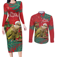 Personalised New Zealand Kakapo Christmas Couples Matching Long Sleeve Bodycon Dress and Long Sleeve Button Shirt Meri Kirihimete Silver Fern Mix Pohutukawa LT14 Red - Polynesian Pride