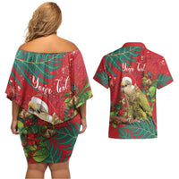 Personalised New Zealand Kakapo Christmas Couples Matching Off Shoulder Short Dress and Hawaiian Shirt Meri Kirihimete Silver Fern Mix Pohutukawa LT14 - Polynesian Pride