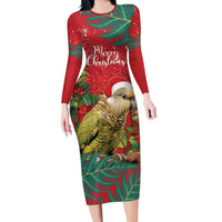 Personalised New Zealand Kakapo Christmas Long Sleeve Bodycon Dress Meri Kirihimete Silver Fern Mix Pohutukawa LT14 Long Dress Red - Polynesian Pride