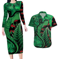 New Zealand Gecko Christmas Couples Matching Long Sleeve Bodycon Dress and Hawaiian Shirt Meri Kirihimete Paua Shell Mix Pohutukawa