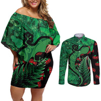 New Zealand Gecko Christmas Couples Matching Off Shoulder Short Dress and Long Sleeve Button Shirt Meri Kirihimete Paua Shell Mix Pohutukawa