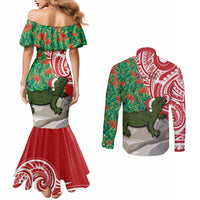 Personalised New Zealand Tuatara Christmas Couples Matching Mermaid Dress and Long Sleeve Button Shirt Meri Kirihimete Aotearoa Maori Mix Pohutukawa LT14 - Polynesian Pride