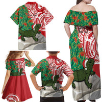 Personalised New Zealand Tuatara Christmas Family Matching Off Shoulder Maxi Dress and Hawaiian Shirt Meri Kirihimete Aotearoa Maori Mix Pohutukawa
