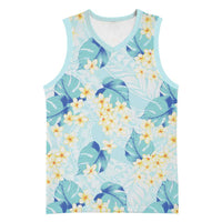 Pastel Cyan Tropical Hawaii Basketball Jersey Seamless Monstera Plumeria Hawaiian Pattern - Polynesian Pride