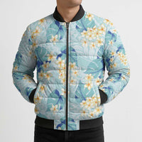 Pastel Cyan Tropical Hawaii Bomber Puffer Jacket Seamless Monstera Plumeria Hawaiian Pattern - Polynesian Pride