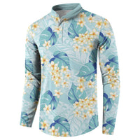 Pastel Cyan Tropical Hawaii Button Sweatshirt Seamless Monstera Plumeria Hawaiian Pattern - Polynesian Pride