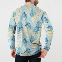 Pastel Cyan Tropical Hawaii Button Sweatshirt Seamless Monstera Plumeria Hawaiian Pattern - Polynesian Pride