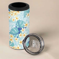 Pastel Cyan Tropical Hawaii 4 in 1 Can Cooler Tumbler Seamless Monstera Plumeria Hawaiian Pattern - Polynesian Pride