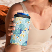 Pastel Cyan Tropical Hawaii 4 in 1 Can Cooler Tumbler Seamless Monstera Plumeria Hawaiian Pattern - Polynesian Pride