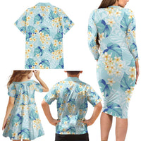 Pastel Cyan Tropical Hawaii Family Matching Long Sleeve Bodycon Dress and Hawaiian Shirt Seamless Monstera Plumeria Hawaiian Pattern LT14 - Polynesian Pride
