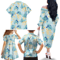 Pastel Cyan Tropical Hawaii Family Matching Off The Shoulder Long Sleeve Dress and Hawaiian Shirt Seamless Monstera Plumeria Hawaiian Pattern - Polynesian Pride