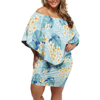 Pastel Cyan Tropical Hawaii Family Matching Off Shoulder Short Dress and Hawaiian Shirt Seamless Monstera Plumeria Hawaiian Pattern LT14 Mom's Dress Pastel Cyan - Polynesian Pride