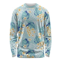 Pastel Cyan Tropical Hawaii Long Sleeve Shirt Seamless Monstera Plumeria Hawaiian Pattern - Polynesian Pride