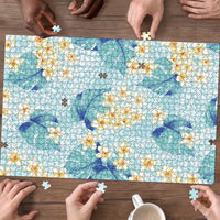 Pastel Cyan Tropical Hawaii Puzzle Seamless Monstera Plumeria Hawaiian Pattern - Polynesian Pride