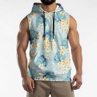 Pastel Cyan Tropical Hawaii Sleeveless Hoodie Seamless Monstera Plumeria Hawaiian Pattern - Polynesian Pride