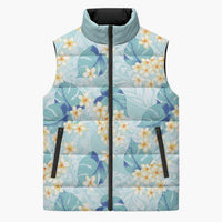 Pastel Cyan Tropical Hawaii Sleeveless Puffer Jacket Seamless Monstera Plumeria Hawaiian Pattern - Polynesian Pride