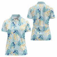 Pastel Cyan Tropical Hawaii Women Polo Shirt Seamless Monstera Plumeria Hawaiian Pattern - Polynesian Pride