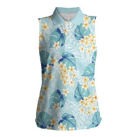 Pastel Cyan Tropical Hawaii Women Sleeveless Polo Shirt Seamless Monstera Plumeria Hawaiian Pattern - Polynesian Pride
