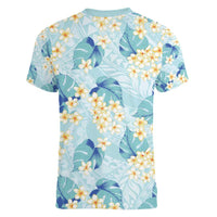 Pastel Cyan Tropical Hawaii Women V-Neck T-Shirt Seamless Monstera Plumeria Hawaiian Pattern - Polynesian Pride