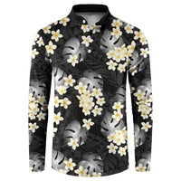 Black Tropical Hawaii Button Sweatshirt Seamless Monstera Plumeria Hawaiian Pattern - Polynesian Pride
