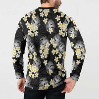 Black Tropical Hawaii Button Sweatshirt Seamless Monstera Plumeria Hawaiian Pattern - Polynesian Pride