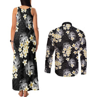 Black Tropical Hawaii Couples Matching Tank Maxi Dress and Long Sleeve Button Shirt Seamless Monstera Plumeria Hawaiian Pattern - Polynesian Pride