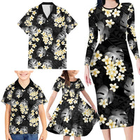 Black Tropical Hawaii Family Matching Long Sleeve Bodycon Dress and Hawaiian Shirt Seamless Monstera Plumeria Hawaiian Pattern LT14 - Polynesian Pride
