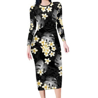 Black Tropical Hawaii Family Matching Long Sleeve Bodycon Dress and Hawaiian Shirt Seamless Monstera Plumeria Hawaiian Pattern LT14 Mom's Dress Black - Polynesian Pride
