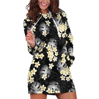 Black Tropical Hawaii Hoodie Dress Seamless Monstera Plumeria Hawaiian Pattern - Polynesian Pride