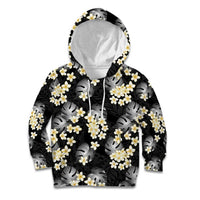 Black Tropical Hawaii Kid Hoodie Seamless Monstera Plumeria Hawaiian Pattern - Polynesian Pride