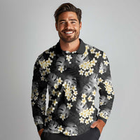 Black Tropical Hawaii Long Sleeve Polo Shirt Seamless Monstera Plumeria Hawaiian Pattern - Polynesian Pride
