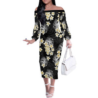 Black Tropical Hawaii Off The Shoulder Long Sleeve Dress Seamless Monstera Plumeria Hawaiian Pattern LT14 Women Black - Polynesian Pride
