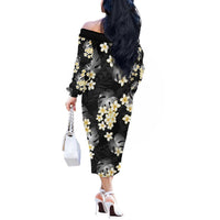 Black Tropical Hawaii Off The Shoulder Long Sleeve Dress Seamless Monstera Plumeria Hawaiian Pattern LT14 - Polynesian Pride