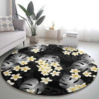 Black Tropical Hawaii Round Carpet Seamless Monstera Plumeria Hawaiian Pattern - Polynesian Pride