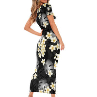 Black Tropical Hawaii Short Sleeve Bodycon Dress Seamless Monstera Plumeria Hawaiian Pattern LT14 - Polynesian Pride